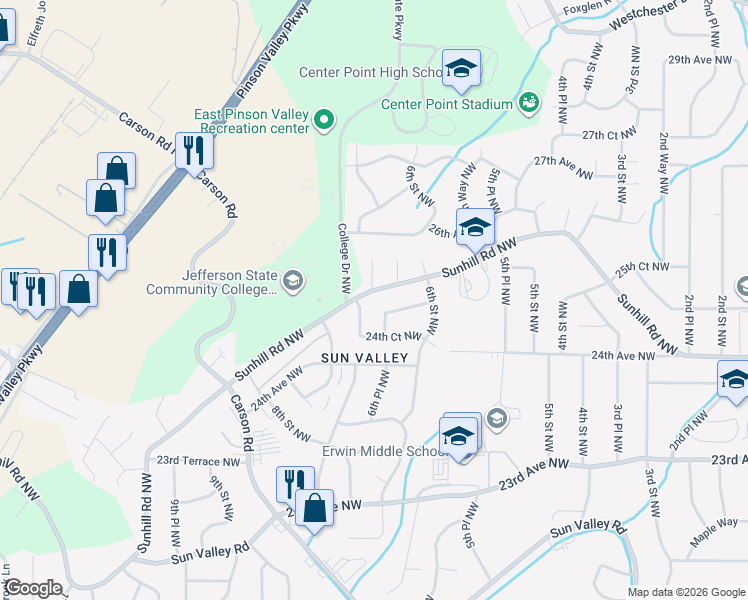 map of restaurants, bars, coffee shops, grocery stores, and more near 622 25th Avenue Northwest in Center Point