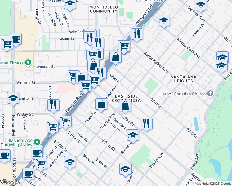 map of restaurants, bars, coffee shops, grocery stores, and more near 161 Cecil Place in Costa Mesa