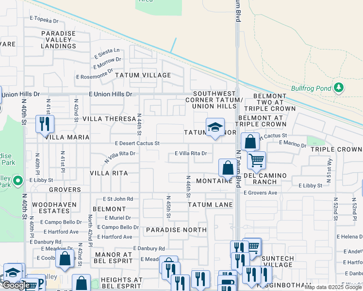 map of restaurants, bars, coffee shops, grocery stores, and more near 4550 East Villa Rita Drive in Phoenix