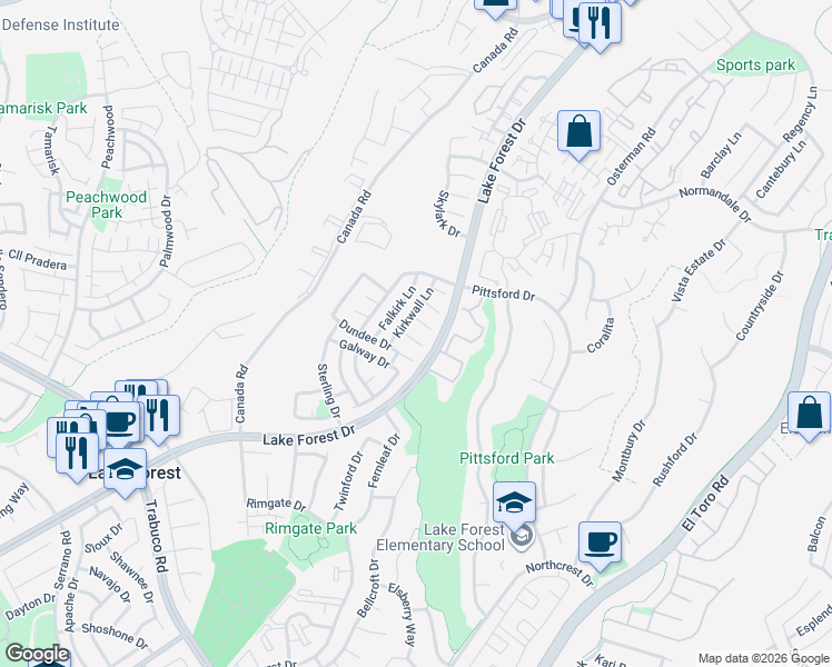 map of restaurants, bars, coffee shops, grocery stores, and more near 26121 Connemara Court in Lake Forest