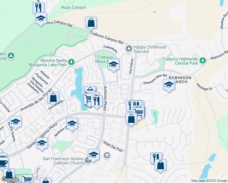 map of restaurants, bars, coffee shops, grocery stores, and more near 19 Vía Mariposa in Rancho Santa Margarita