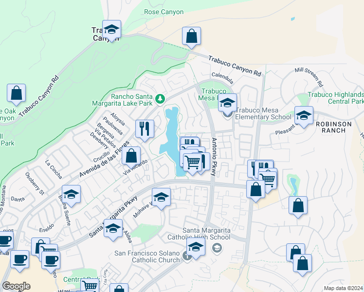 map of restaurants, bars, coffee shops, grocery stores, and more near 33 Brisa Del Lago in Rancho Santa Margarita