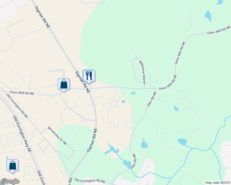 map of restaurants, bars, coffee shops, grocery stores, and more near 1265 Northside Drive Northwest in Conyers