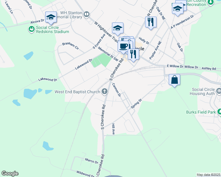 map of restaurants, bars, coffee shops, grocery stores, and more near 410 South Cherokee Road in Social Circle