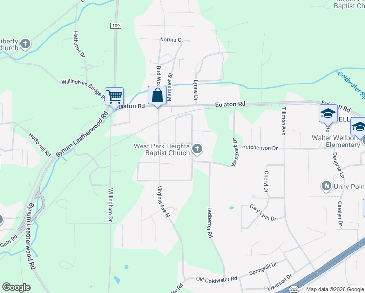 map of restaurants, bars, coffee shops, grocery stores, and more near 116 1st Street in Anniston
