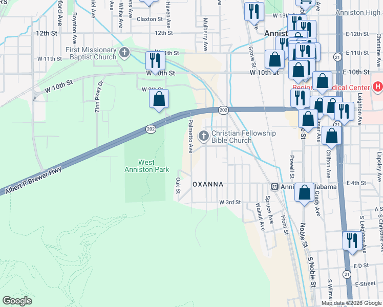 map of restaurants, bars, coffee shops, grocery stores, and more near 938 West 6th Street in Anniston