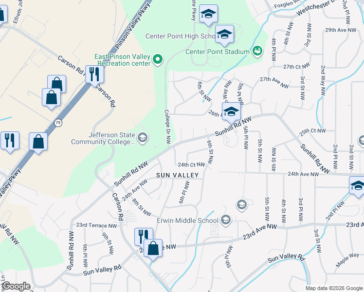 map of restaurants, bars, coffee shops, grocery stores, and more near 622 25th Avenue Northwest in Center Point