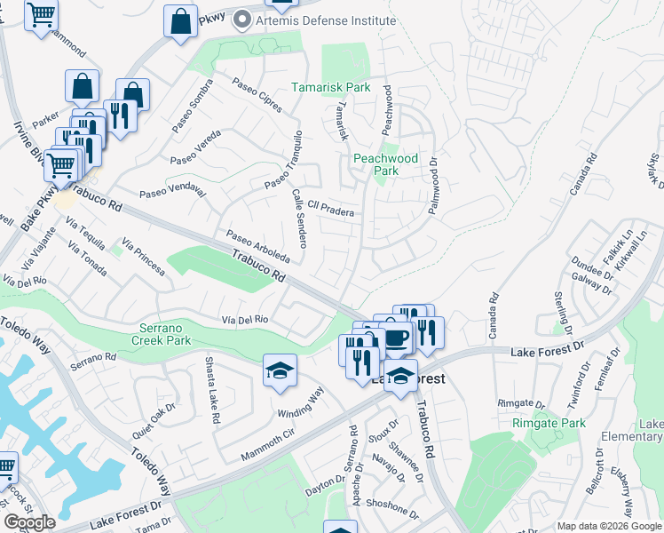 map of restaurants, bars, coffee shops, grocery stores, and more near 21434 Cypresswood in Lake Forest