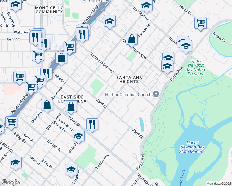 map of restaurants, bars, coffee shops, grocery stores, and more near 2350 Santa Ana Avenue in Costa Mesa