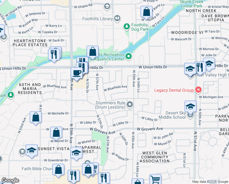 map of restaurants, bars, coffee shops, grocery stores, and more near 5609 West Villa Maria Drive in Glendale