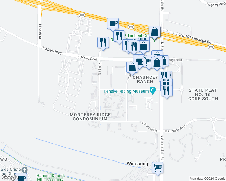 map of restaurants, bars, coffee shops, grocery stores, and more near 6901 East Chauncey Lane in Phoenix
