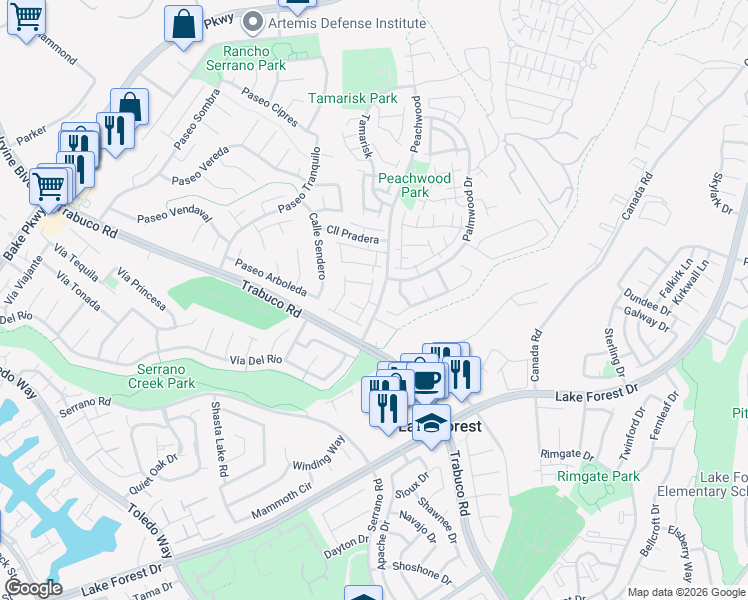 map of restaurants, bars, coffee shops, grocery stores, and more near 21442 Firwood in Lake Forest