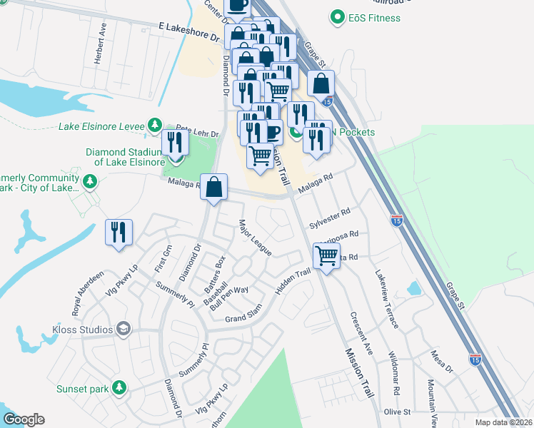 map of restaurants, bars, coffee shops, grocery stores, and more near 29499 Slider in Lake Elsinore