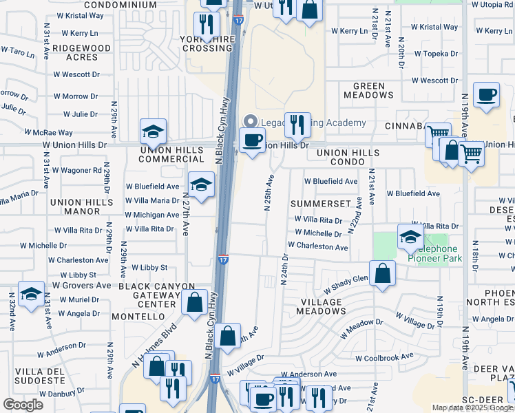 map of restaurants, bars, coffee shops, grocery stores, and more near 18250 North 25th Avenue in Phoenix