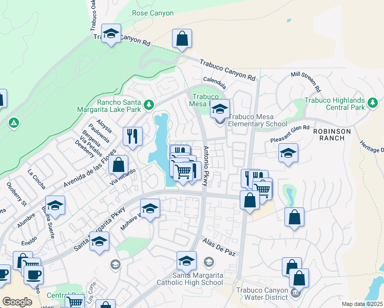 map of restaurants, bars, coffee shops, grocery stores, and more near 47 Vía Lavendera in Rancho Santa Margarita