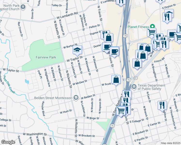 map of restaurants, bars, coffee shops, grocery stores, and more near 1607 North Alexander Street in Sherman
