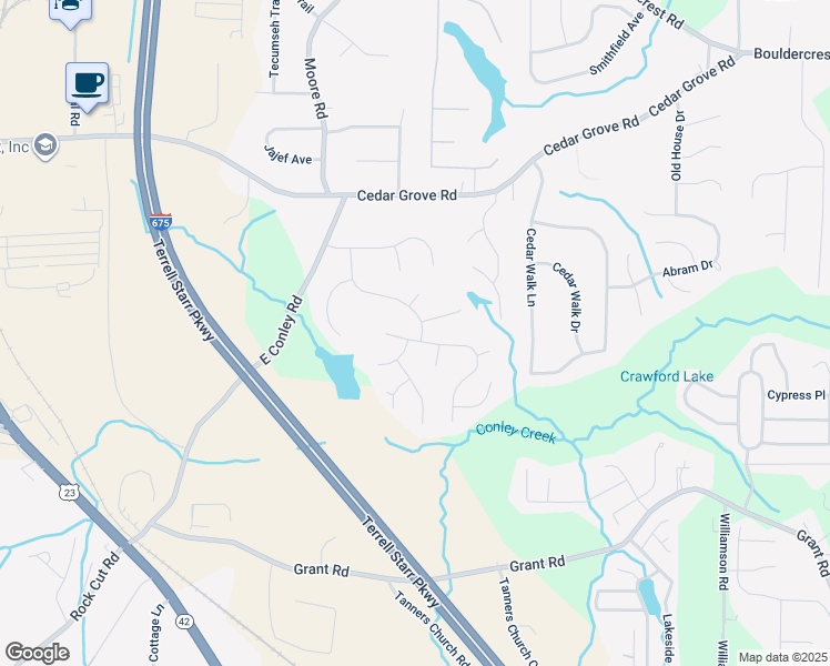 map of restaurants, bars, coffee shops, grocery stores, and more near 4438 Parmalee Path in Conley