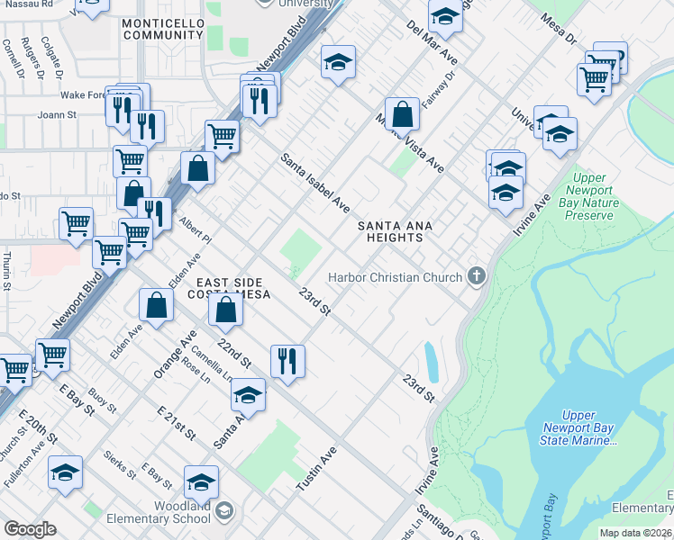 map of restaurants, bars, coffee shops, grocery stores, and more near 280 Pacific Crest Drive in Costa Mesa
