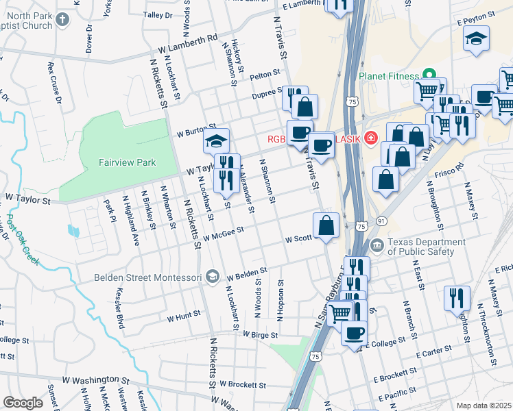 map of restaurants, bars, coffee shops, grocery stores, and more near 1607 North Alexander Street in Sherman