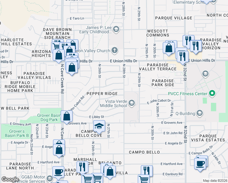 map of restaurants, bars, coffee shops, grocery stores, and more near 2749 East Villa Rita Drive in Phoenix