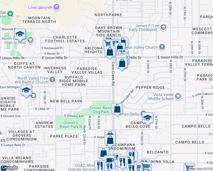 map of restaurants, bars, coffee shops, grocery stores, and more near 6 East Villa Rita Drive in Phoenix