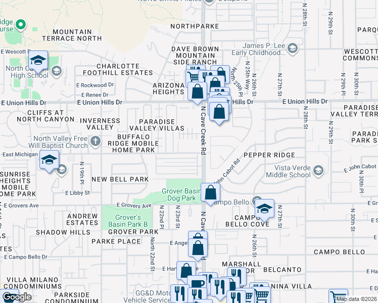 map of restaurants, bars, coffee shops, grocery stores, and more near 6 East Villa Rita Drive in Phoenix