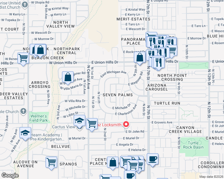 map of restaurants, bars, coffee shops, grocery stores, and more near 18203 North 2nd Place in Phoenix