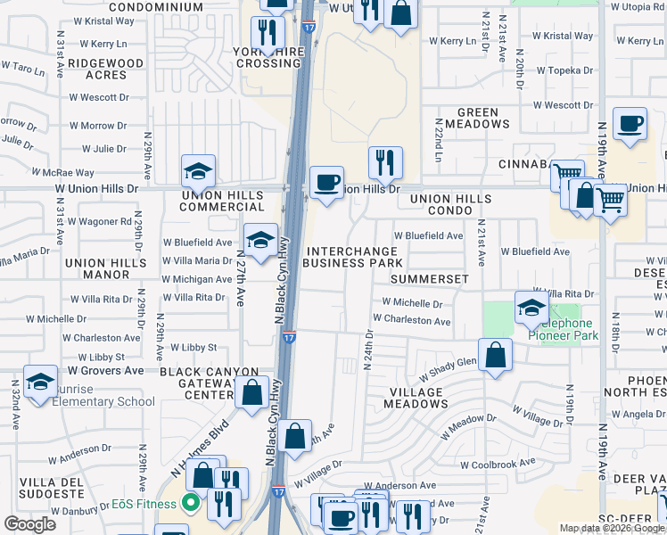 map of restaurants, bars, coffee shops, grocery stores, and more near 16 West Villa Rita Drive in Phoenix
