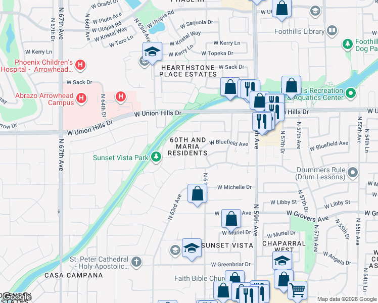 map of restaurants, bars, coffee shops, grocery stores, and more near 18224 North 61st Drive in Glendale