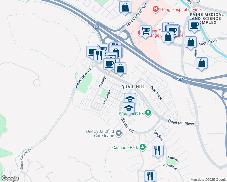 map of restaurants, bars, coffee shops, grocery stores, and more near 25 Perennial in Irvine