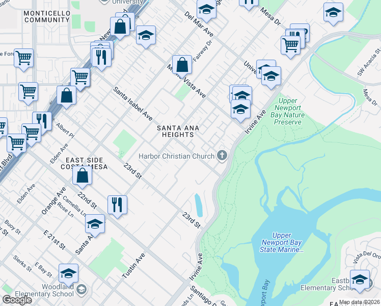 map of restaurants, bars, coffee shops, grocery stores, and more near 365 Santa Isabel Avenue in Newport Beach
