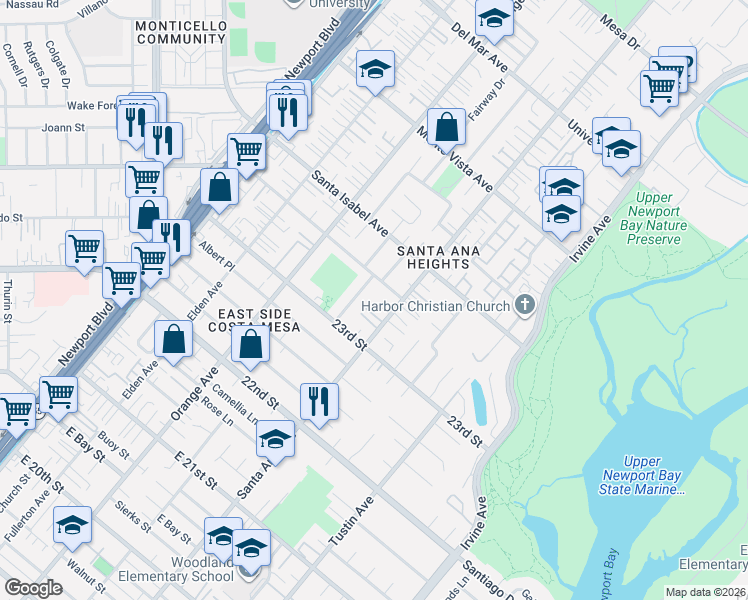 map of restaurants, bars, coffee shops, grocery stores, and more near 280 Pacific Crest Drive in Costa Mesa