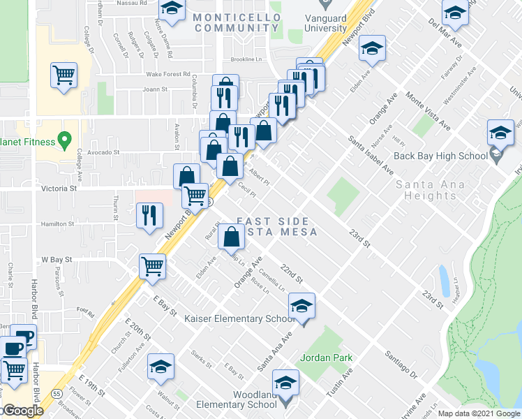 map of restaurants, bars, coffee shops, grocery stores, and more near 181 Cecil Place in Costa Mesa
