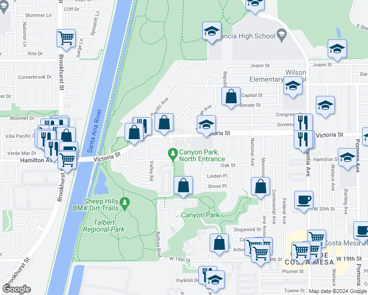 map of restaurants, bars, coffee shops, grocery stores, and more near 2106 Canyon Drive in Costa Mesa