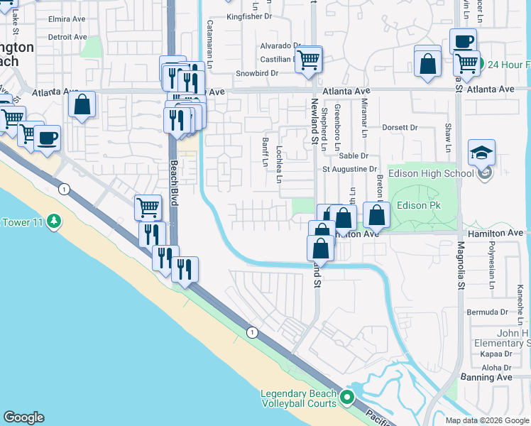 map of restaurants, bars, coffee shops, grocery stores, and more near 8318 Noelle Drive in Huntington Beach