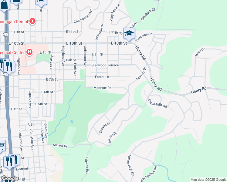 map of restaurants, bars, coffee shops, grocery stores, and more near 1104 Montvue Road in Anniston