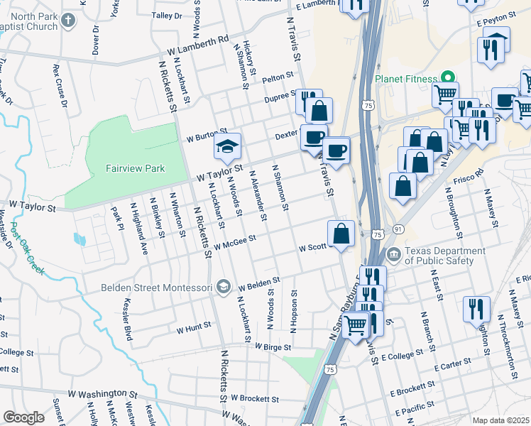map of restaurants, bars, coffee shops, grocery stores, and more near 1607 North Alexander Street in Sherman