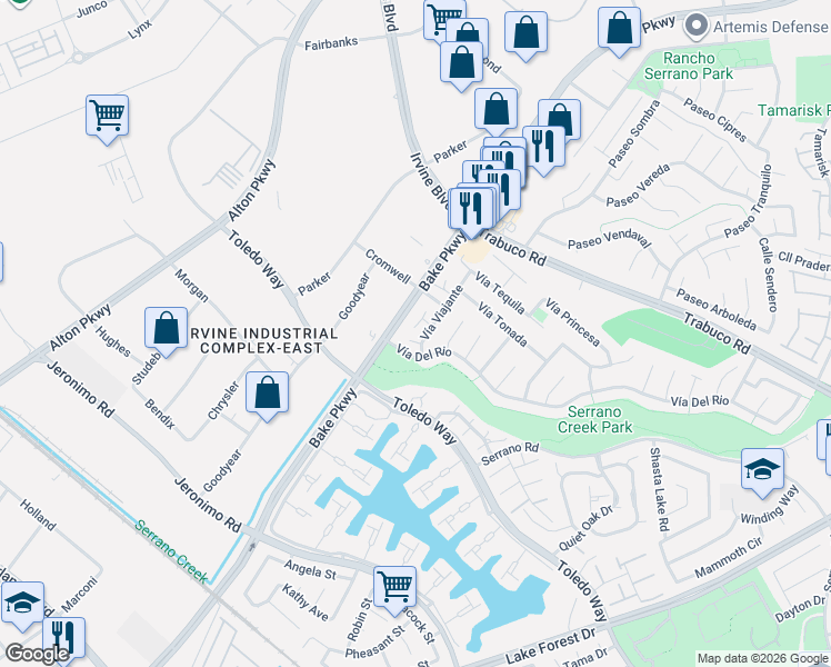 map of restaurants, bars, coffee shops, grocery stores, and more near 24402 Calle Pequeno in Lake Forest