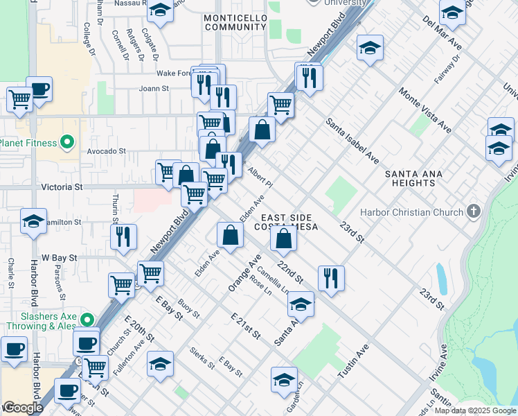 map of restaurants, bars, coffee shops, grocery stores, and more near 2242 Elden Avenue in Costa Mesa