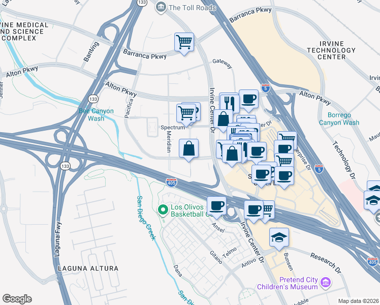 map of restaurants, bars, coffee shops, grocery stores, and more near 25 Pacifica in Irvine