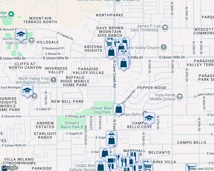 map of restaurants, bars, coffee shops, grocery stores, and more near 18202 North Cave Creek Road in Phoenix
