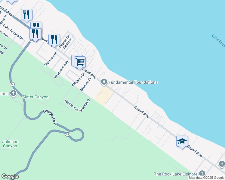 map of restaurants, bars, coffee shops, grocery stores, and more near Grand Ave & Santa Rosa Dr in Lake Elsinore