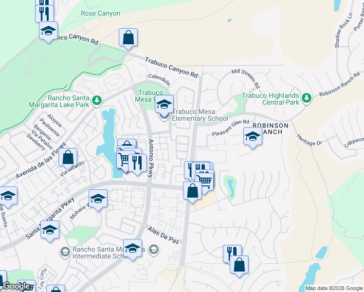 map of restaurants, bars, coffee shops, grocery stores, and more near 22 Vía Ulmaria in Rancho Santa Margarita