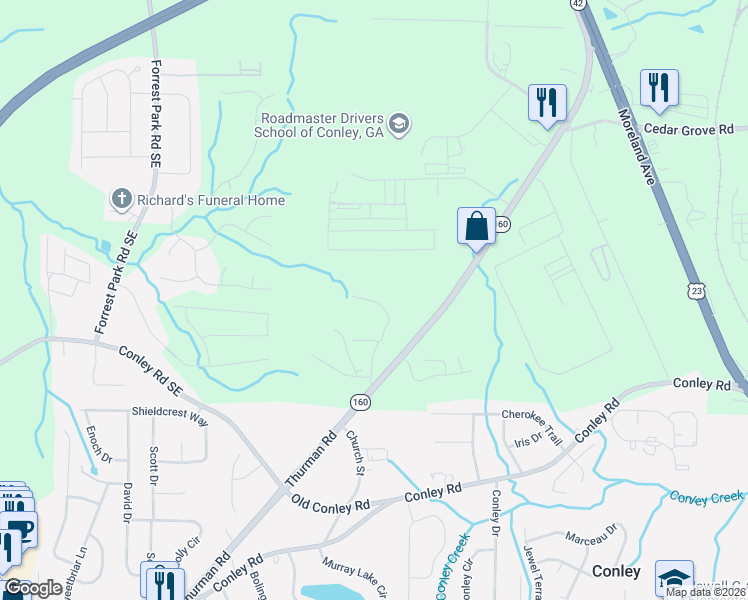 map of restaurants, bars, coffee shops, grocery stores, and more near 1094 Cabin Drive in Conley