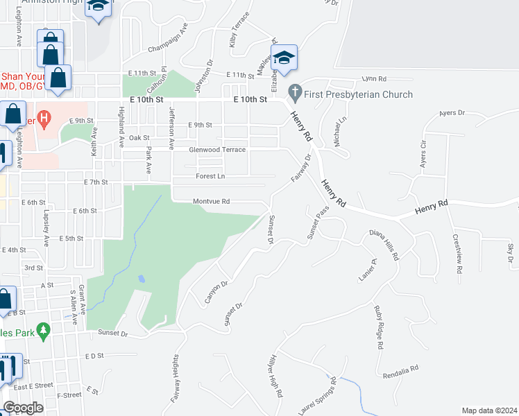 map of restaurants, bars, coffee shops, grocery stores, and more near 2 Sunset Drive in Anniston