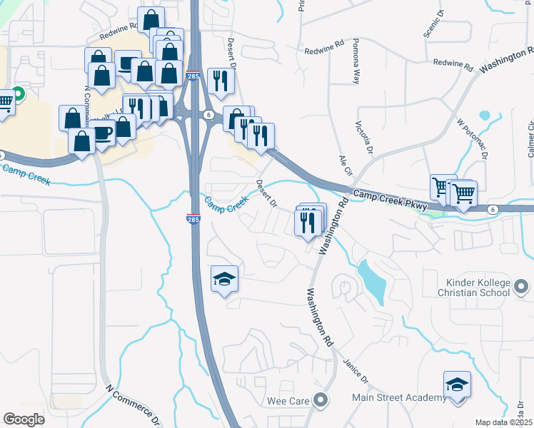 map of restaurants, bars, coffee shops, grocery stores, and more near 3148 Desert Drive in East Point