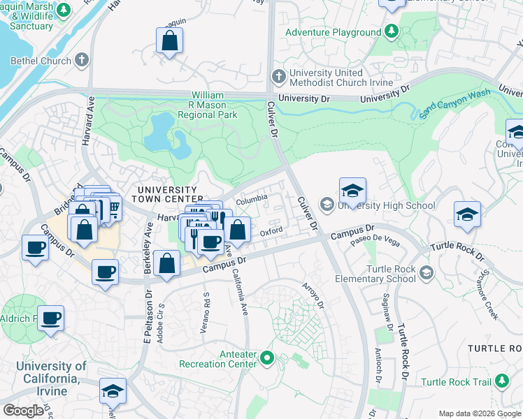 map of restaurants, bars, coffee shops, grocery stores, and more near 28 Columbia in Irvine