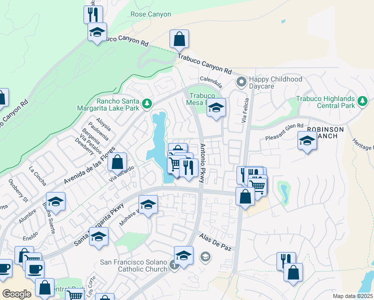 map of restaurants, bars, coffee shops, grocery stores, and more near 37 Vía Lavendera in Rancho Santa Margarita