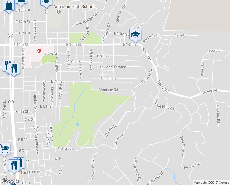 map of restaurants, bars, coffee shops, grocery stores, and more near 1104 Montvue Road in Anniston