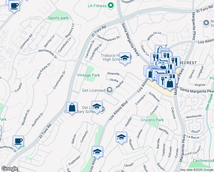 map of restaurants, bars, coffee shops, grocery stores, and more near 21453 La Capilla in Mission Viejo